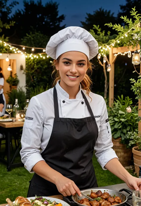 (medium full shot) of (energetic chef) young woman, persian, tan skin, hazel eyes, normal build, short ginger messy bun hair,  wearing a chef hat, long-sleeve chef shirt, apron, black trousers, professional shoes, , set in  Garden Party, outdoor dining setup with long tables, floral centerpieces, fairy lights, guests enjoying a meal under the stars, chef grilling nearby, during dinner service, woman smiling, ,Masterpiece,best quality, photo, realistic, very aesthetic, detailed face,