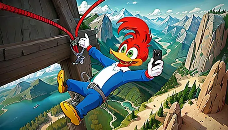 Cartoon drawing of <lora:woodyWoodpecker_v02:0.7> bungee jumping with a rope on his back, mountains, (go pro selfie), cartoon, 2d, beak, daytime
