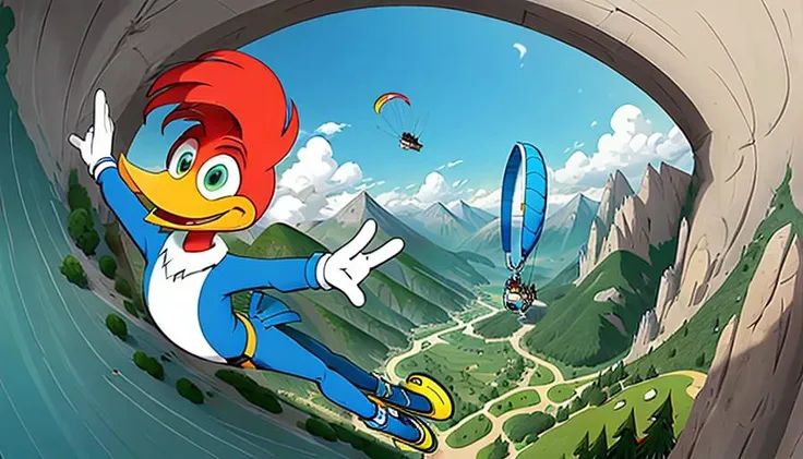 Cartoon drawing of <lora:woodyWoodpecker_v02:0.7> paragliding, mountains, (selfie), cartoon, 2d, beak, daytime