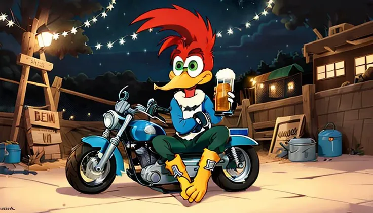Cartoon drawing of <lora:woodyWoodpecker_v02:0.7> sitting on a motorcycle with a beer in his hand, rugged clothes, cartoon, 2d, beak, nighttime