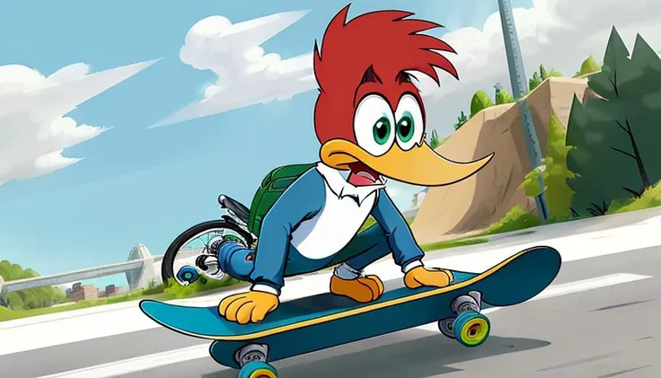 Cartoon drawing of <lora:woodyWoodpecker_v02:0.7> driving on a skateboard, action shot, highway cartoon, 2d, beak, daytime, rugged clothes, close-up