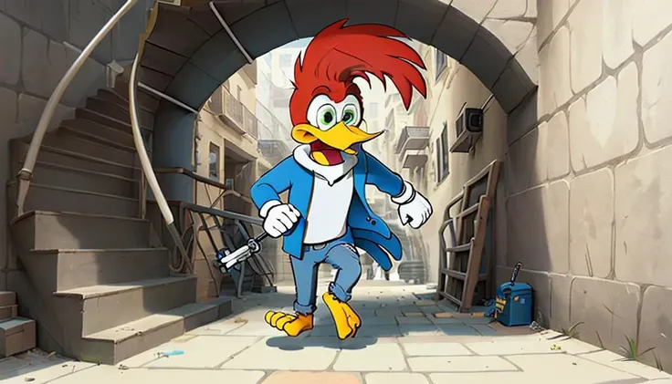 Cartoon drawing of <lora:woodyWoodpecker_v02:0.7> running down the stairs with his keys in his hand, rugged clothes, cartoon, 2d, beak, daytime