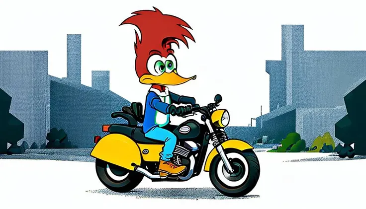Cartoon drawing of <lora:woodyWoodpecker_v02:0.7> sitting on a motorcycle with a beer in his hand, rugged clothes, cartoon, 2d, beak, daytime