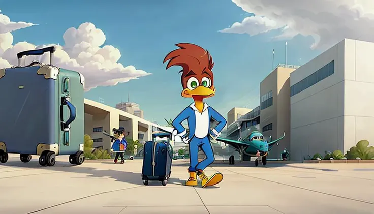 Cartoon drawing of <lora:woodyWoodpecker_v02:0.7> walking towards the airport with a suitcase in his hand, planes in the background, cartoon, 2d, beak, daytime, rugged clothes, close-up