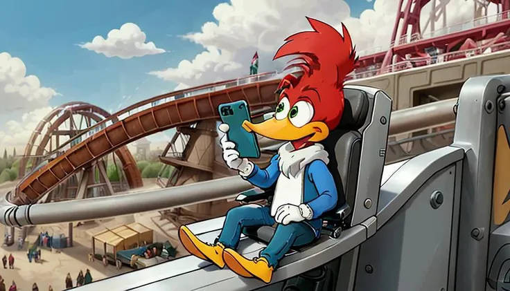 Cartoon drawing of <lora:woodyWoodpecker_v02:0.7> sitting in a rollercoaster with his smartphone, rugged clothes, cartoon, 2d, beak, daytime, raised arm:1.2)