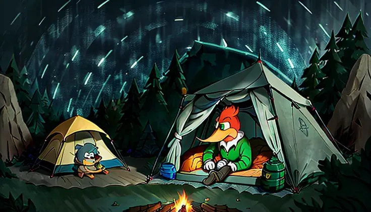Cartoon drawing of <lora:woodyWoodpecker_v02:0.7> sleeping in a tent, sleeping bag, campfire, cartoon, 2d, beak, nighttime, rugged clothes, close-up <lora:flashlight_v15A:1>