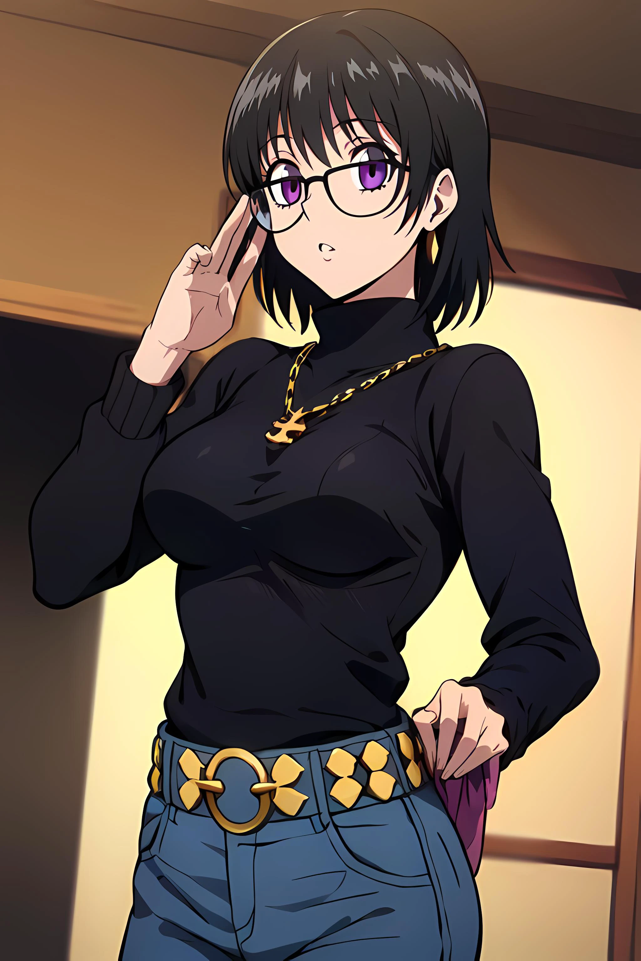 masterpiece,best quality, unreal engine, ultra res, extremely detailed,
1girl, medium breasts, waist, slender, (muscular:0.9)
<lora:hews style by goofy ai:0.4> <lora:anmnr01:0.2>
<cutesexyrobutts_v2:0.1><lora_puuzaki-puuna-lora-v1:0.1>
<lora:Round_Breasts_V7:0.4>ROUND BREASTS, medium BREASTS
<lora:ShizukuMurasaki002:0.6>
SHIZUKUMURASAKI,
black hair, amethyst eyes,glasses,
TURTLENECK SWEATER,BLACK SWEATER, long sleeves
jewelry, necklace,
BELT,JEANS,