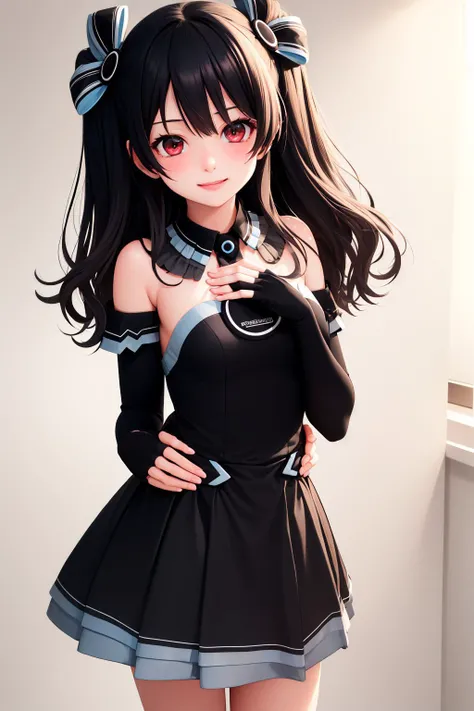(masterpiece, best quality:1.2), <lyco:neptunia_uni-10:1.0>, cowboy shot, solo, 1girl, neptuniauni, smile, closed mouth, looking at viewer, hand on own chest, black hair, two side up, hair ribbon, red eyes, black dress, fingerless gloves