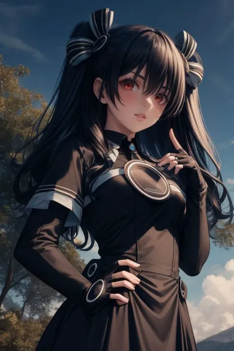 <lora:add_detail:0.75>
(Photorealistic, best quality, masterpiece, high contrast), 1girl,
neptuniauni,black hair, two side up, hair ribbon, red eyes, black dress, fingerless gloves
<lora:neptunia_uni:1>