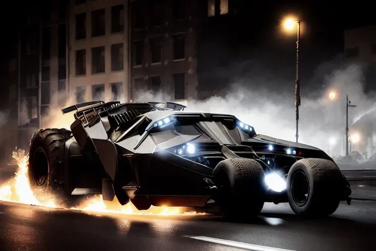 analog gloomy photo of a Tumbler car, <lora:b4tm0b1l305:1>, racing down an avenue at night, city buildings on fire, outrun, explosions in the background, tracer gunfire, High Detail, Sharp focus, ((photorealism)), realistic, best quality, 8k, award winning, dramatic lighting, epic, cinematic, masterpiece, dutch angle, ambient fog:1.3,