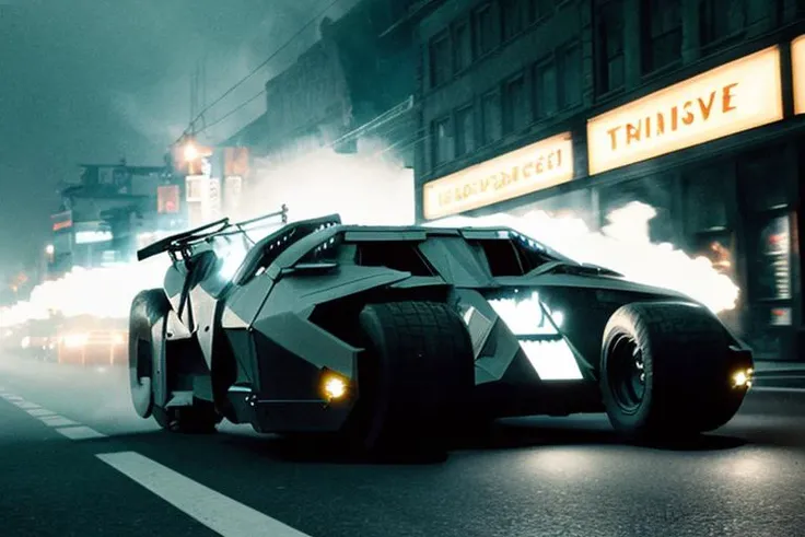 analog gloomy photo of a Tumbler car, <lora:b4tm0b1l305:1>, racing down an avenue at night, city buildings on fire, outrun, explosions in the background, tracer gunfire, ((nighttime)), High Detail, Sharp focus, ((photorealism)), realistic, best quality, 8k, award winning, dramatic lighting, epic, cinematic, masterpiece, dutch angle, ambient fog:1.3,