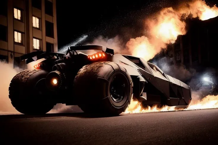 analog gloomy photo of a Tumbler car, <lora:b4tm0b1l305:1>, racing down an avenue at night, city buildings on fire, outrun, explosions in the background, tracer gunfire, High Detail, Sharp focus, ((photorealism)), realistic, best quality, 8k, award winning, dramatic lighting, epic, cinematic, masterpiece, dutch angle, ambient fog:1.3,