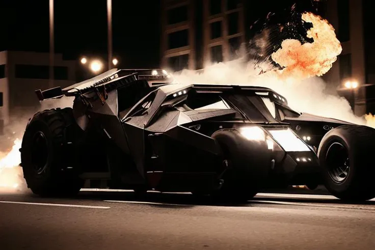 analog gloomy photo of a Tumbler car, <lora:b4tm0b1l305:1>, racing down an avenue at night, city buildings on fire, outrun, explosions in the background, tracer gunfire, High Detail, Sharp focus, ((photorealism)), realistic, best quality, 8k, award winning, dramatic lighting, epic, cinematic, masterpiece, dutch angle, ambient fog:1.3,