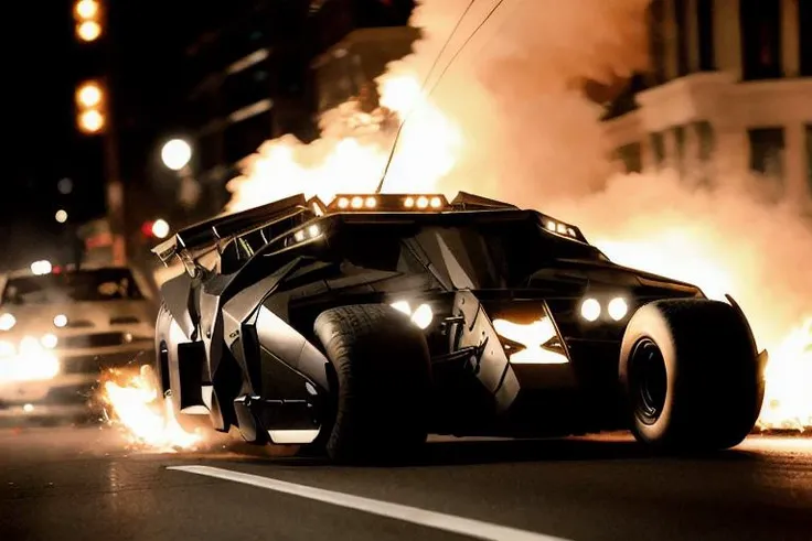 analog gloomy photo of a Tumbler car, <lora:b4tm0b1l305:1>, racing down an avenue at night, city buildings on fire, outrun, explosions in the background, tracer gunfire, High Detail, Sharp focus, ((photorealism)), realistic, best quality, 8k, award winning, dramatic lighting, epic, cinematic, masterpiece, dutch angle, ambient fog:1.3,