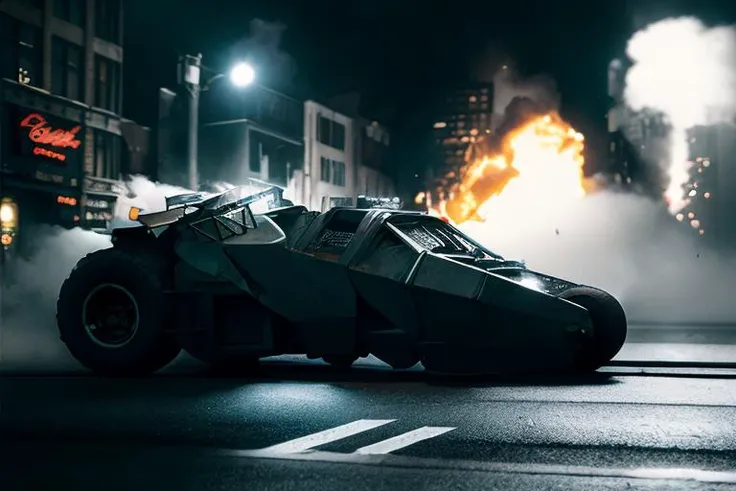 analog gloomy photo of a Tumbler car, <lora:b4tm0b1l305:1>, racing down an avenue at night, city buildings on fire, outrun, explosions in the background, tracer gunfire, ((nighttime)), High Detail, Sharp focus, ((photorealism)), realistic, best quality, 8k, award winning, dramatic lighting, epic, cinematic, masterpiece, dutch angle, ambient fog:1.3,