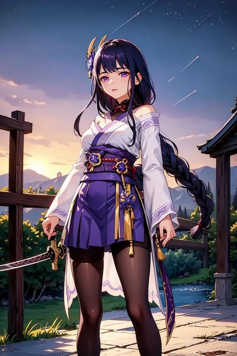 masterpiece, shogun, 1girl, solo, long hair, looking at viewer, black hair, hair ornament, long sleeves, holding, medium breasts, very long hair, standing, purple eyes, full body, weapon, purple hair, braid, flower, pantyhose, outdoors, parted lips, japanese clothes, sky, sword, wide sleeves, kimono, holding weapon, mole, black pantyhose, sash, mole under eye, night, holding sword, obi, katana, tassel, star (sky), night sky, bridal gauntlets, thighband pantyhose, <lora:shogun-01:0.8>