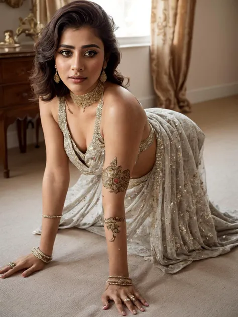 high angle, looking at viewer, pakistani woman wearing (ornate embroidered lehenga choli with sequins:1.1) on the bed, (all fours:1.1), (crawling:1.1), eye shadow, eye liner, full lips, london, bedroom, window, curtains, doorway, cityview, <lora:crawling:1> <lora:EnhancedDetail:0.7> <lora:real_skin:0.7> skin, <lora:Lehenga_choli:0.2>