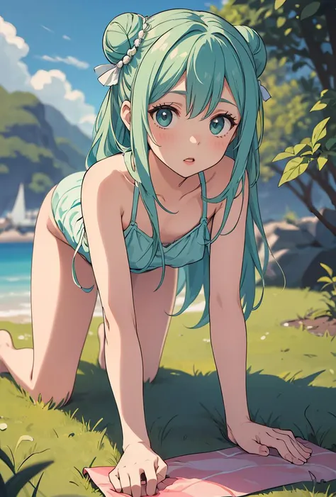 8K resolution, highest quality,nsfw、Kagamine Rin、beautiful eyes、sensitive、naked、shyness、Sweat、shot from below、Look down、whole body、nude、short hair、semen、smile、Hatsune Miku、two people、2girl、pair、pair、lesbian、sea、beach