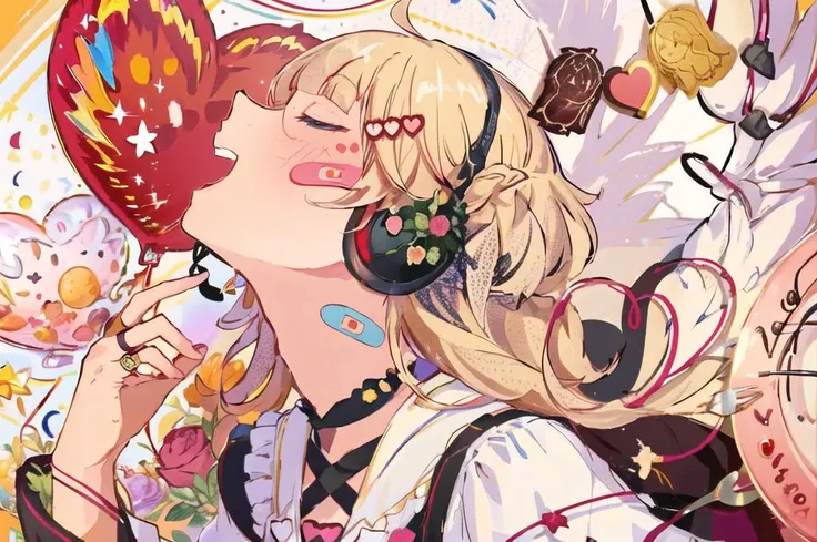 solo, close-up, cowboy shot, soft smile, light smile, facing viewer,
1girl, blue eyes, long blonde hair, french braid, bangs, medium breasts,
hair ribbon, frilled choker, criss-cross halter, sleeveless dress, high-waist skirt, backless dress, waist bow, detached sleeves, frilled sleeves, wide sleeves, pantyhose, patterned legwear, mary janes,
masterpiece, best quality, <lora:Ai Kotoba:1>, Ai Kotoba, open mouth, hair ornament, closed eyes, flower, heart, food, wings, star (symbol), tattoo, profile, fruit, rose, headphones, ring, bandaid, fork, heart hair ornament, bandaid on face, balloon, bandaid on cheek, heart balloon