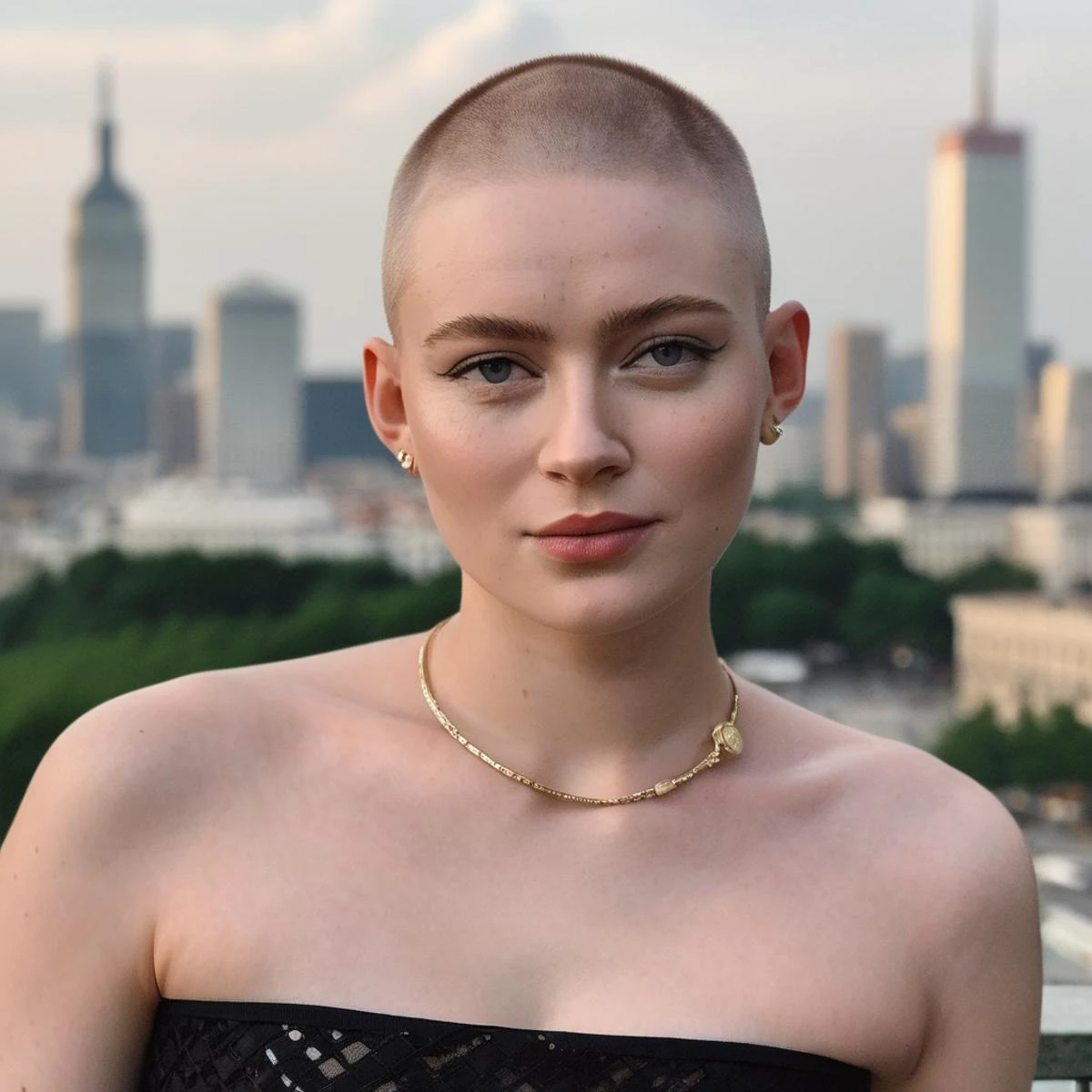 Buzzcut, no hair, bald, (Skin Texture, pores, natural,iPhone,RAW)), natural lighting, Highest Quality closeup Portrait photo of a woman wearing no makeup with a ((buzzcut)), Nikon Z9, realistic matte skin, blurry city in the background, 8K, saxsnk, <lora:sasink_juggerX_xl_2_st-saxsnk-000088:1>