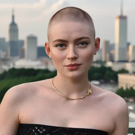 Buzzcut, no hair, bald, (Skin Texture, pores, natural,iPhone,RAW)), natural lighting, Highest Quality closeup Portrait photo of a woman wearing no makeup with a ((buzzcut)), Nikon Z9, realistic matte skin,  blurry city in the background, 8K, saxsnk,  <lora:sasink_juggerX_xl_2_st-saxsnk-000088:1>