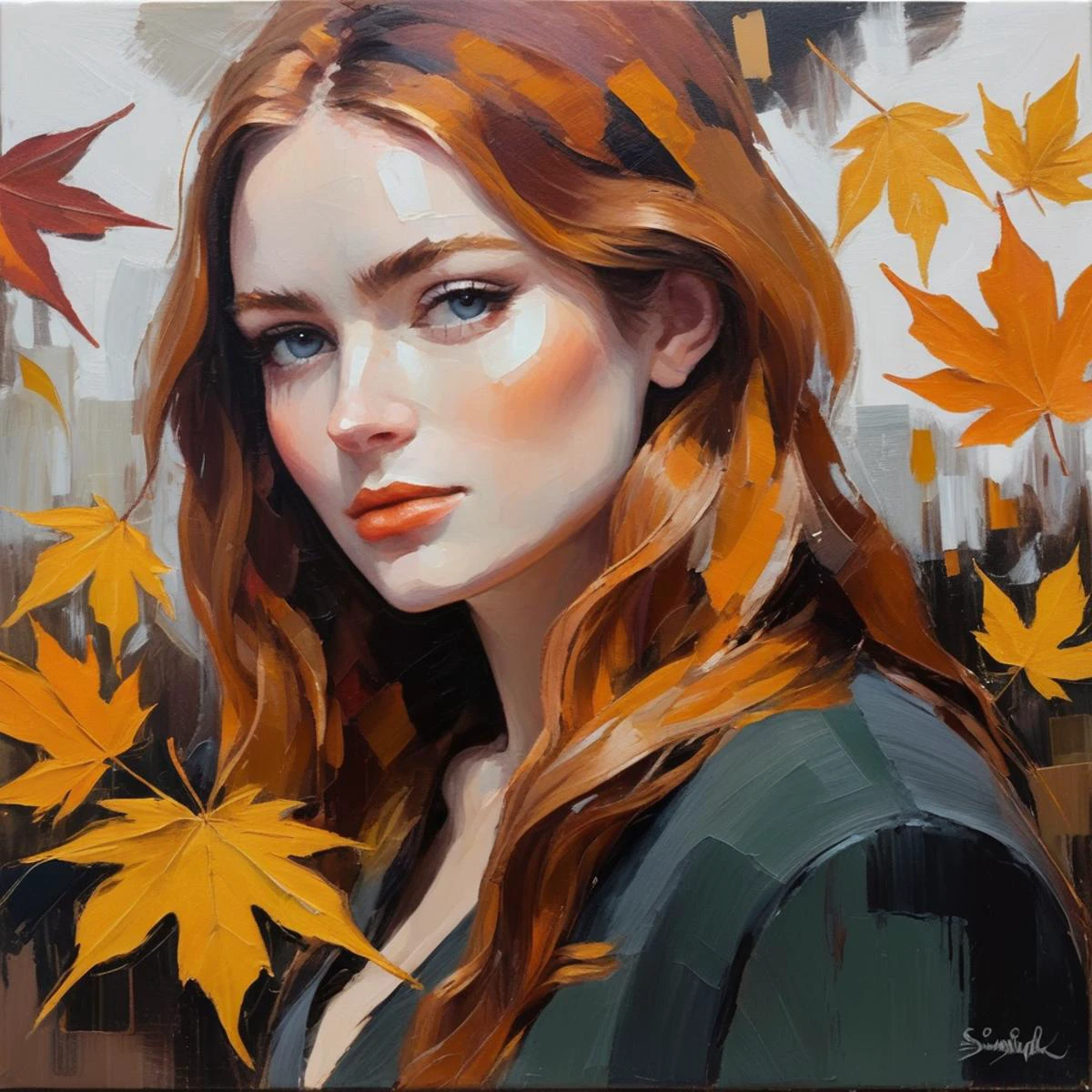 (Abstract) sketch of a woman in the fall season, oil on canvas, saxsnk, <lora:sasink_juggerX_xl_2_st-saxsnk-000088:1>