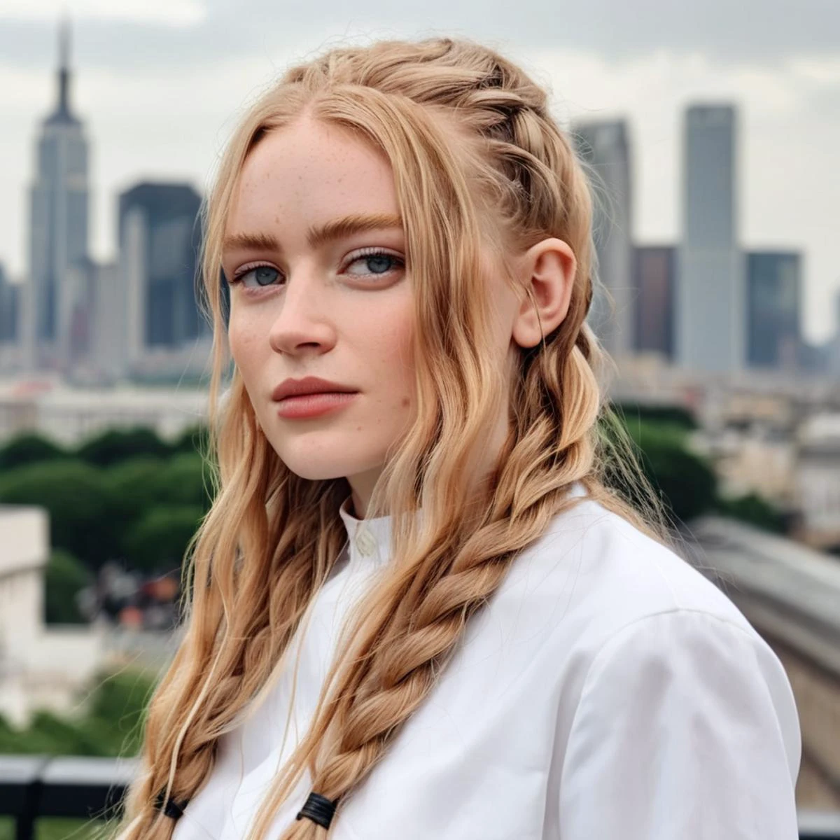 (Skin Texture, pores, natural,iPhone,RAW), natural lighting, Highest Quality (closeup) Portrait photo of a woman with long braided platinum blonde hair, Nikon Z9, realistic matte skin, blurry city in the background, 8K, ((looking straight at the camera)), saxsnk, <lora:sasink_juggerX_xl_2_st-saxsnk-000088:1>