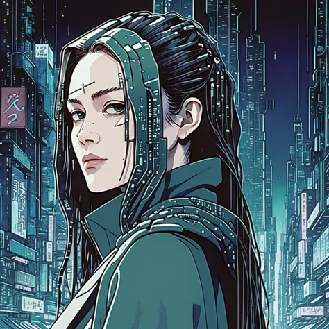 ((90s Anime style illustrattion)) drawing of a closeup on face of woman wearing a long matrix coat,futuristic city in the background, akira, 2D, saxsnk,  <lora:sasink_juggerX_xl_2_st-saxsnk-000088:1>