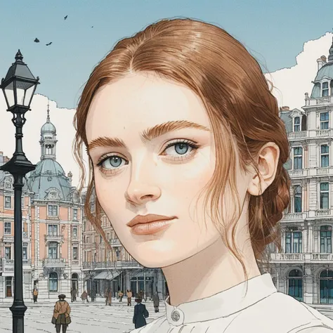 Studio ghibli style illustration of the face of a woman looking at the viewer with a victorian city square in the background, saxsnk,  <lora:sasink_juggerX_xl_2_st-saxsnk-000088:1>