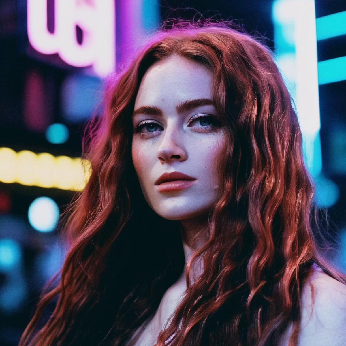 Photo of a woman with long wavy hair,portrait,kodachrome, neon,cyberpunk, saxsnk, <lora:sasink_juggerX_xl_2_st-saxsnk-000088:1>