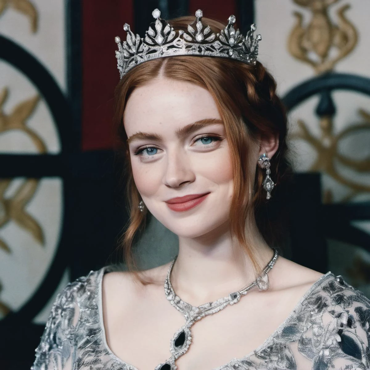 (Skin texture),High quality,Closeup face portrait photo, analog, film grain, actress dressed as a medieval queen with a delicate diamond tiara,regal, bright smile, saxsnk, <lora:sasink_juggerX_xl_2_st-saxsnk-000088:1>