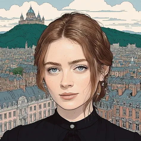 Studio ghibli style illustration of the face of a woman looking at the viewer with a victorian city square in the background, saxsnk,  <lora:sasink_juggerX_xl_2_st-saxsnk-000088:1>