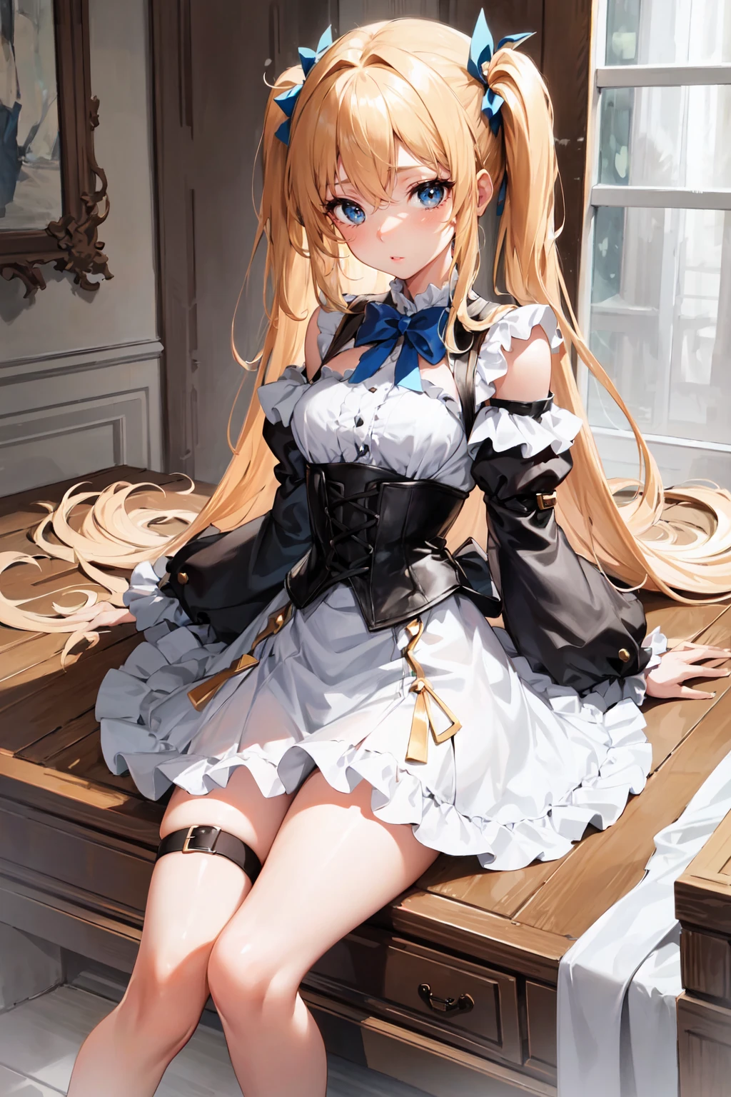 masterpiece:1.4, best_quality:1.4, corset, blouse, miniskirt, bishoujo, blond long hair:1.4, big blue eyes, small breasts, slender, shiny eyes, star eyes, water eyes, Extremely delicate and beautiful, perfect body, perfect face, perfect eyes, perfect arms, perfect hands, perfect fingers, perfect legs,