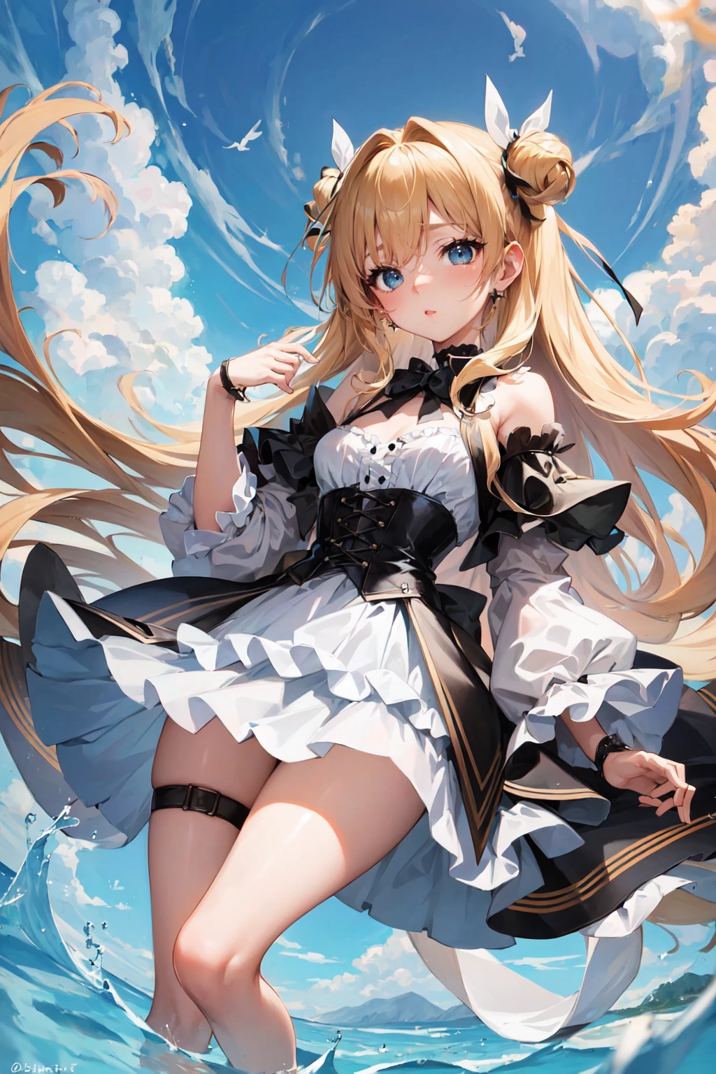 masterpiece:1.4, best_quality:1.4, corset, blouse, miniskirt, bishoujo, blond long hair:1.4, big blue eyes, small breasts, slender, shiny eyes, star eyes, water eyes, Extremely delicate and beautiful, perfect body, perfect face, perfect eyes, perfect arms, perfect hands, perfect fingers, perfect legs,