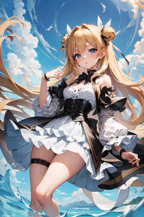 masterpiece:1.4, best_quality:1.4, corset, blouse, miniskirt, bishoujo, blond long hair:1.4, big blue eyes, small breasts, slender, shiny eyes, star eyes, water eyes, Extremely delicate and beautiful, perfect body, perfect face, perfect eyes, perfect arms, perfect hands, perfect fingers, perfect legs, ****