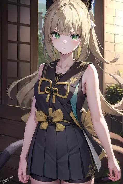 kirara, kirara, ahoge, blonde hair, cat feet, cat girl, cat tail, (green eyes:1.5), bow, hair bow, black bow, long hair, multiple tails, nekomata, tail, two tails, (:3, cat mouth:1.2)
BREAK bike shorts, bike shorts under skirt, black leg warmers, black shorts, black tank top, collared vest, overskirt, shorts, shorts under skirt, tank top, vest,
BREAK looking at viewer, full body, (cowboy shot:1.5), upper body, armpits, sweaty armpits 
BREAK outdoors,
BREAK (masterpiece:1.2), best quality, high resolution, unity 8k wallpaper, (illustration:0.8), (beautiful detailed eyes:1.6), extremely detailed face, perfect lighting, extremely detailed CG, (perfect hands, perfect anatomy),
