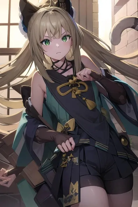 kirara, <lora:kirara-lora-nochekaiser:1>,
kirara, ahoge, blonde hair, cat feet, cat girl, cat tail, (green eyes:1.5), bow, hair bow, black bow, long hair, multiple tails, nekomata, tail, two tails, <lora:cateye_v100:1>, <lora:catmouth_v100:1>,
BREAK bike shorts, bike shorts under skirt, black leg warmers, black shorts, black tank top, collared vest, overskirt, shorts, shorts under skirt, tank top, vest,
BREAK looking at viewer, full body, (cowboy shot:1.5), upper body,
BREAK outdoors,
BREAK <lyco:GoodHands-beta2:1>, (masterpiece:1.2), best quality, high resolution, unity 8k wallpaper, (illustration:0.8), (beautiful detailed eyes:1.6), extremely detailed face, perfect lighting, extremely detailed CG, (perfect hands, perfect anatomy),