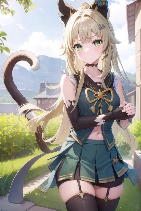 kirara, <lora:kirara-lora-nochekaiser:1>,
kirara, ahoge, blonde hair, cat feet, cat girl, cat tail, (green eyes:1.5), bow, hair bow, black bow, long hair, multiple tails, nekomata, tail, two tails,
BREAK bike shorts, bike shorts under skirt, black leg warmers, black shorts, black tank top, collared vest, overskirt, shorts, shorts under skirt, tank top, vest,
BREAK looking at viewer, full body, (cowboy shot:1.5),
BREAK outdoors,
BREAK <lyco:GoodHands-beta2:1>, (masterpiece:1.2), best quality, high resolution, unity 8k wallpaper, (illustration:0.8), (beautiful detailed eyes:1.6), extremely detailed face, perfect lighting, extremely detailed CG, (perfect hands, perfect anatomy),