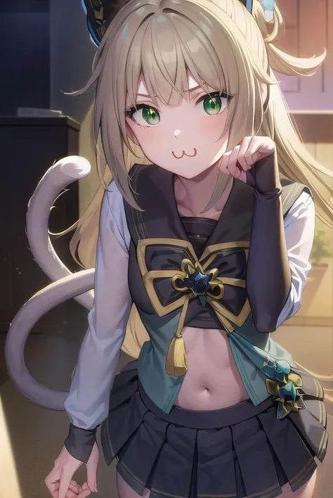 kirara, kirara, ahoge, blonde hair, cat feet, cat girl, cat tail, (green eyes:1.5), bow, hair bow, black bow, long hair, multiple tails, nekomata, tail, two tails, (:3, cat mouth:1.2)
BREAK bike shorts, bike shorts under skirt, black leg warmers, black shorts, black tank top, collared vest, overskirt, shorts, shorts under skirt, tank top, vest,
BREAK looking at viewer, full body, (cowboy shot:1.5), upper body, armpits, sweaty armpits
BREAK outdoors,
BREAK (masterpiece:1.2), best quality, high resolution, unity 8k wallpaper, (illustration:0.8), (beautiful detailed eyes:1.6), extremely detailed face, perfect lighting, extremely detailed CG, (perfect hands, perfect anatomy),