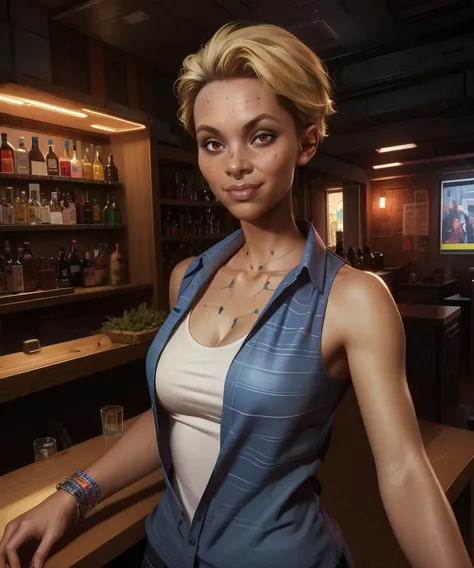 alenax,heterochromia,brown eyes,short hair,blonde hair,streaked hair,
flannel,white undershirt,cleavage, chest cybernetics, 
standing,upper body,nose ring, light smile,   
science fiction,bar,indoors,
(insanely detailed, masterpiece, best quality),solo,<lora:AlenaXenakis-CP-11:0.8>,