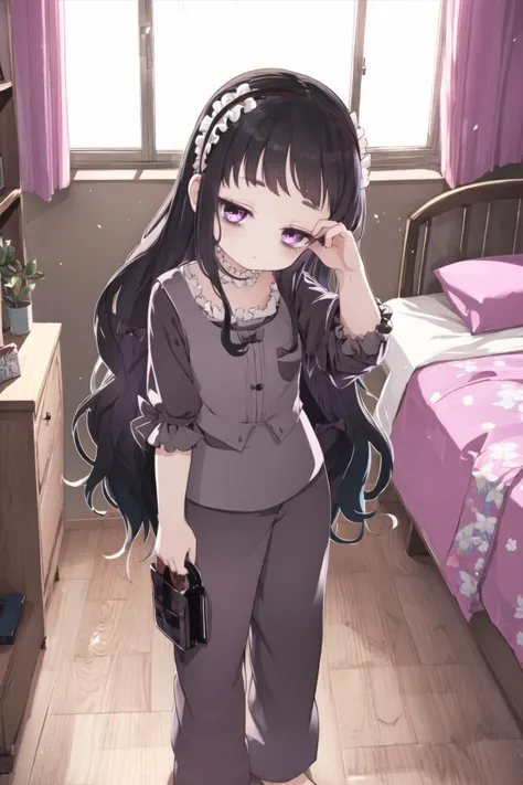 <lora:hardgore2:1.0>, hardgore alice, hairband, bags under eyes, purple eyes, black hair, indoors, bedroom, <lora:pajamas-10:0.6>, pajamas