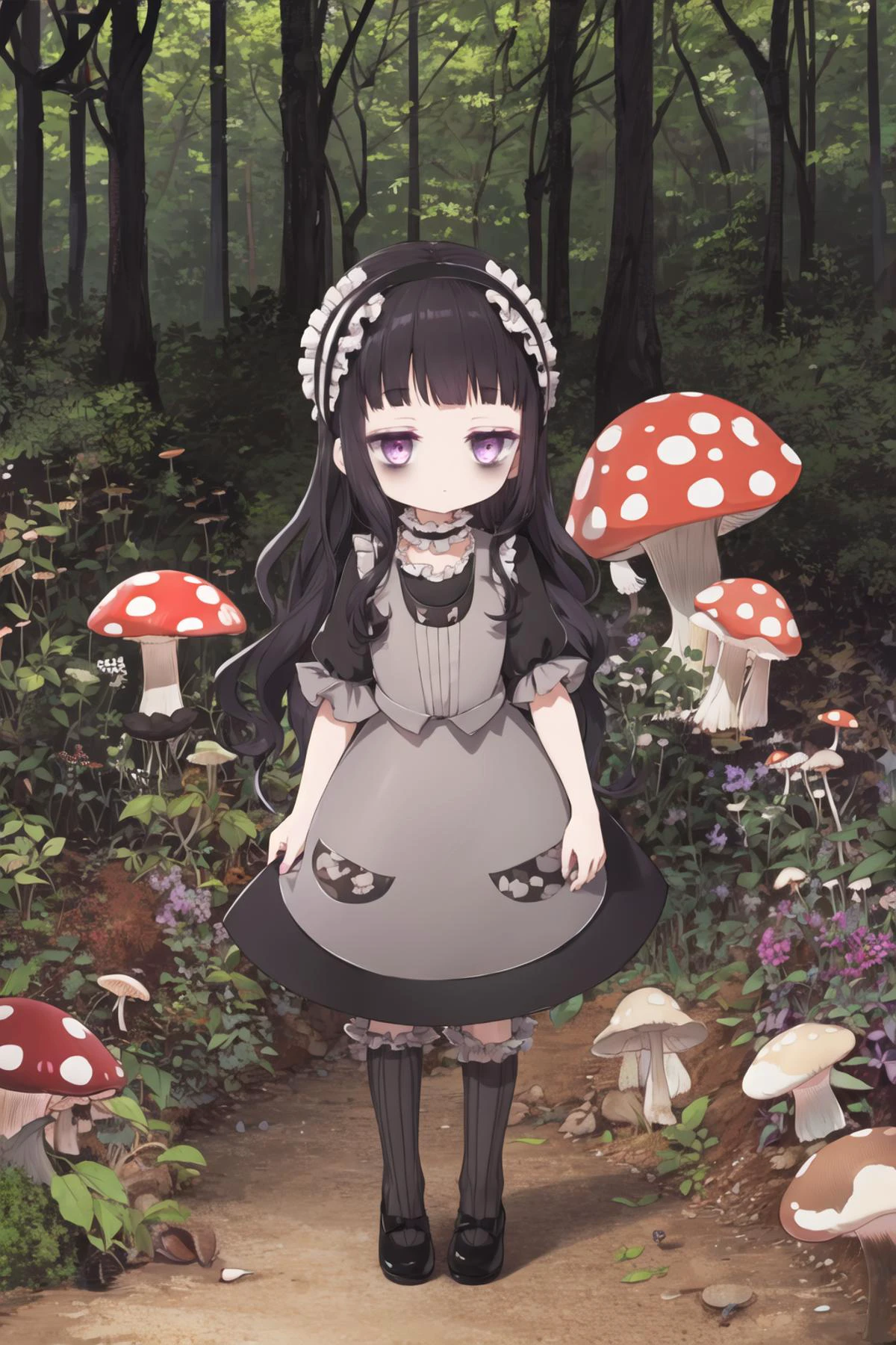 <lora:hardgore2:1.0>, hardgore alice, hairband, bags under eyes, purple eyes, black hair, black dress, outdoors, forest, (mushroom)