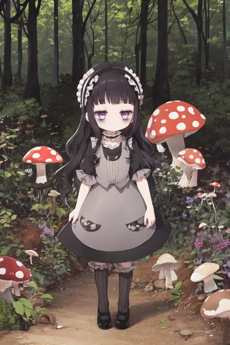 <lora:hardgore2:1.0>, hardgore alice, hairband, bags under eyes, purple eyes, black hair, black dress, outdoors, forest, (mushroom)