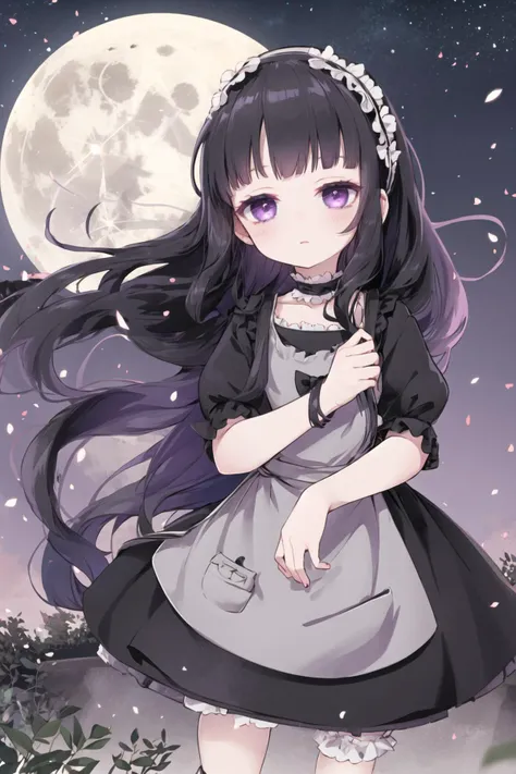 <lora:hardgore2:0.6>, hardgore alice, hairband, black dress, bags under eyes, purple eyes, black hair, outdoors, full moon