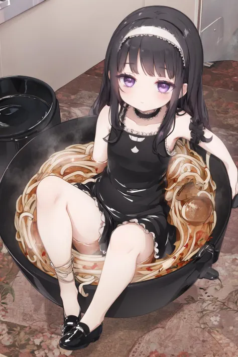 <lora:hardgore2:0.6>, hardgore alice, hairband, bags under eyes, purple eyes, black hair, bowl, partially submerged, sitting, noodles, <lora:sendnoods2-10:0.6>, sendnoods, black dress,