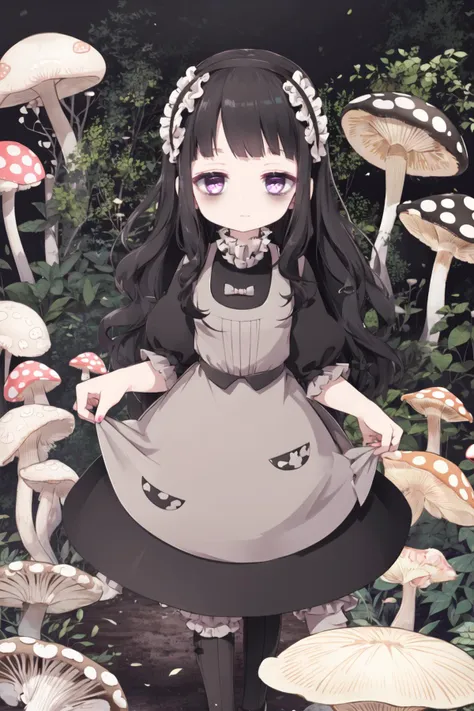 <lora:hardgore2:1.0>, hardgore alice, hairband, bags under eyes, purple eyes, black hair, black dress, outdoors, forest, (mushroom)