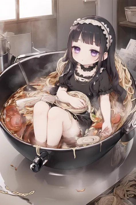 <lora:hardgore2:0.6>, hardgore alice, hairband, bags under eyes, purple eyes, black hair, bowl, partially submerged, sitting, noodles, <lora:sendnoods2-10:0.6>, sendnoods, black dress,