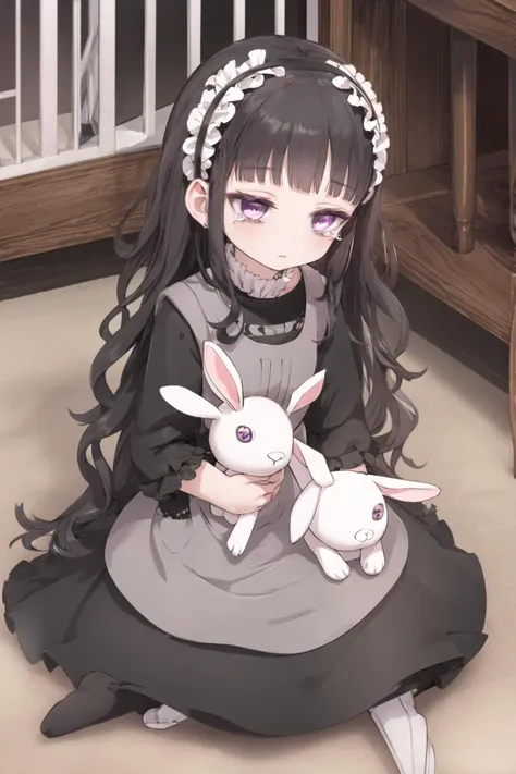 <lora:hardgore2:1.0>, hardgore alice, hairband, black dress, bags under eyes, purple eyes, black hair, indoors, holding stuffed toy, stuffed rabbit, crying, sitting,