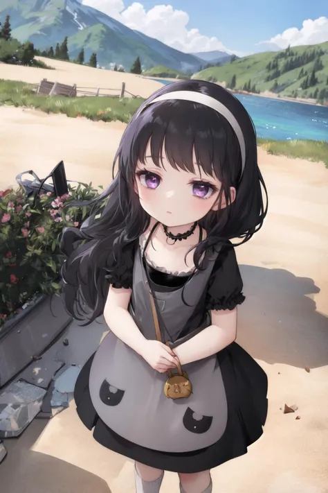 <lora:hardgore2:0.6>, hardgore alice, mountain, hairband, bags under eyes, purple eyes, black hair, black dress, <lora:Leirix2-10:0.6>, outdoors