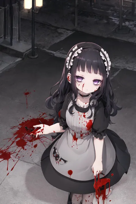 <lora:hardgore2:1.0>, hardgore alice, hairband, bags under eyes, purple eyes, black hair, black dress, outdoors, cityscape, night, (blood)